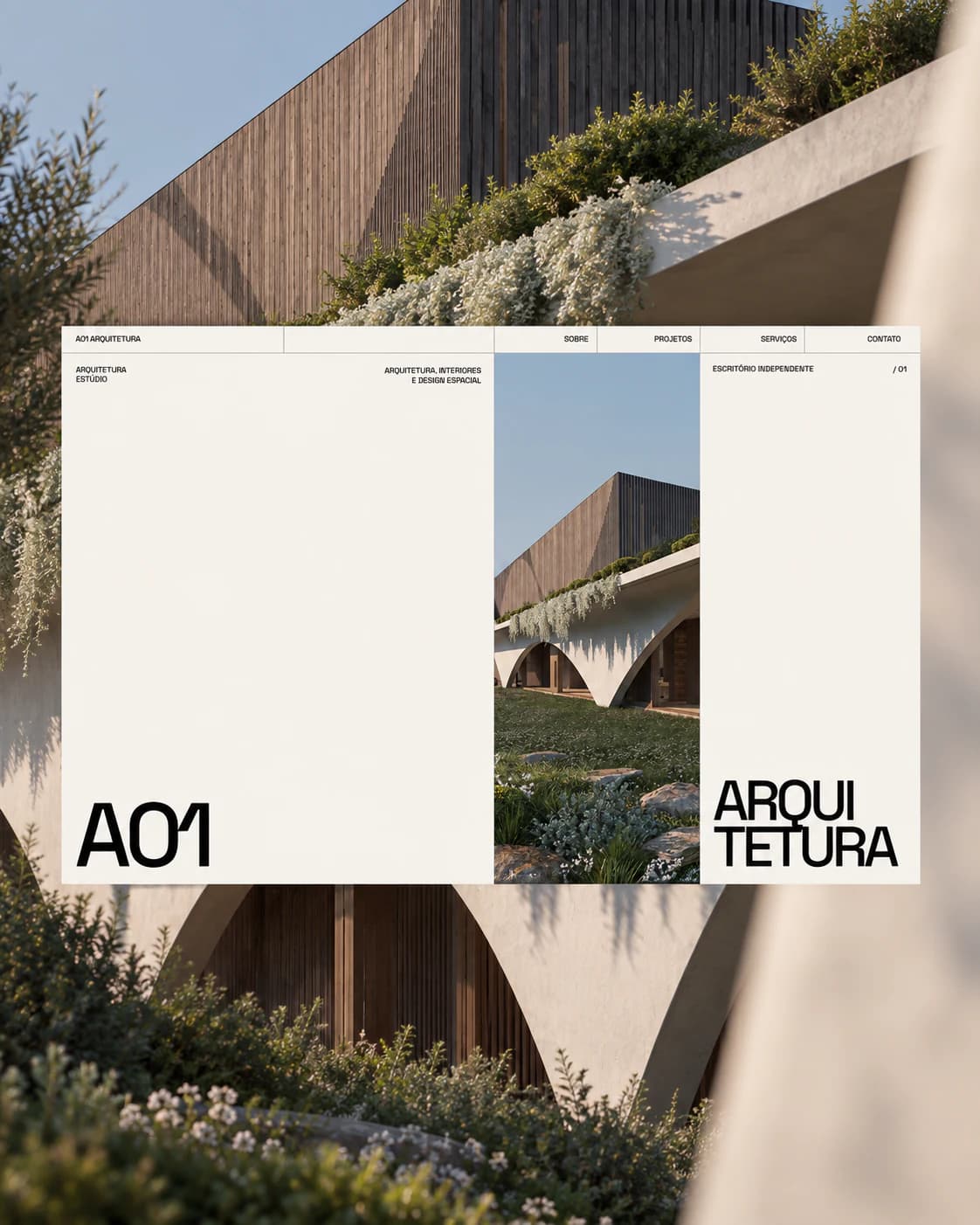Página inicial da A01 Arquitetura sobre fotografia de uma fachada com madeira e vegetação.