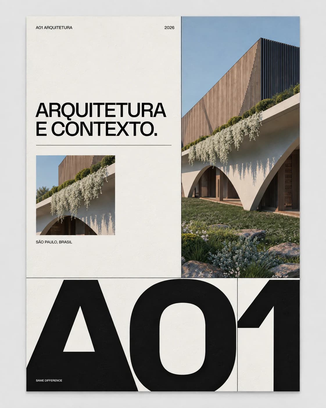 Composição gráfica da A01 Arquitetura com o título Arquitetura e contexto e fotografias de uma fachada.