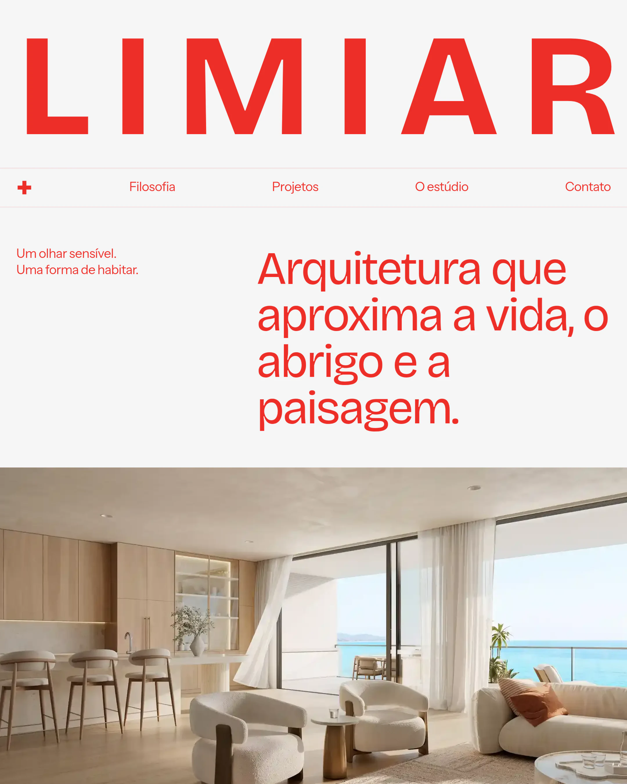 Abertura do Limiar com tipografia vermelha e fotografia de um interior voltado para o mar.