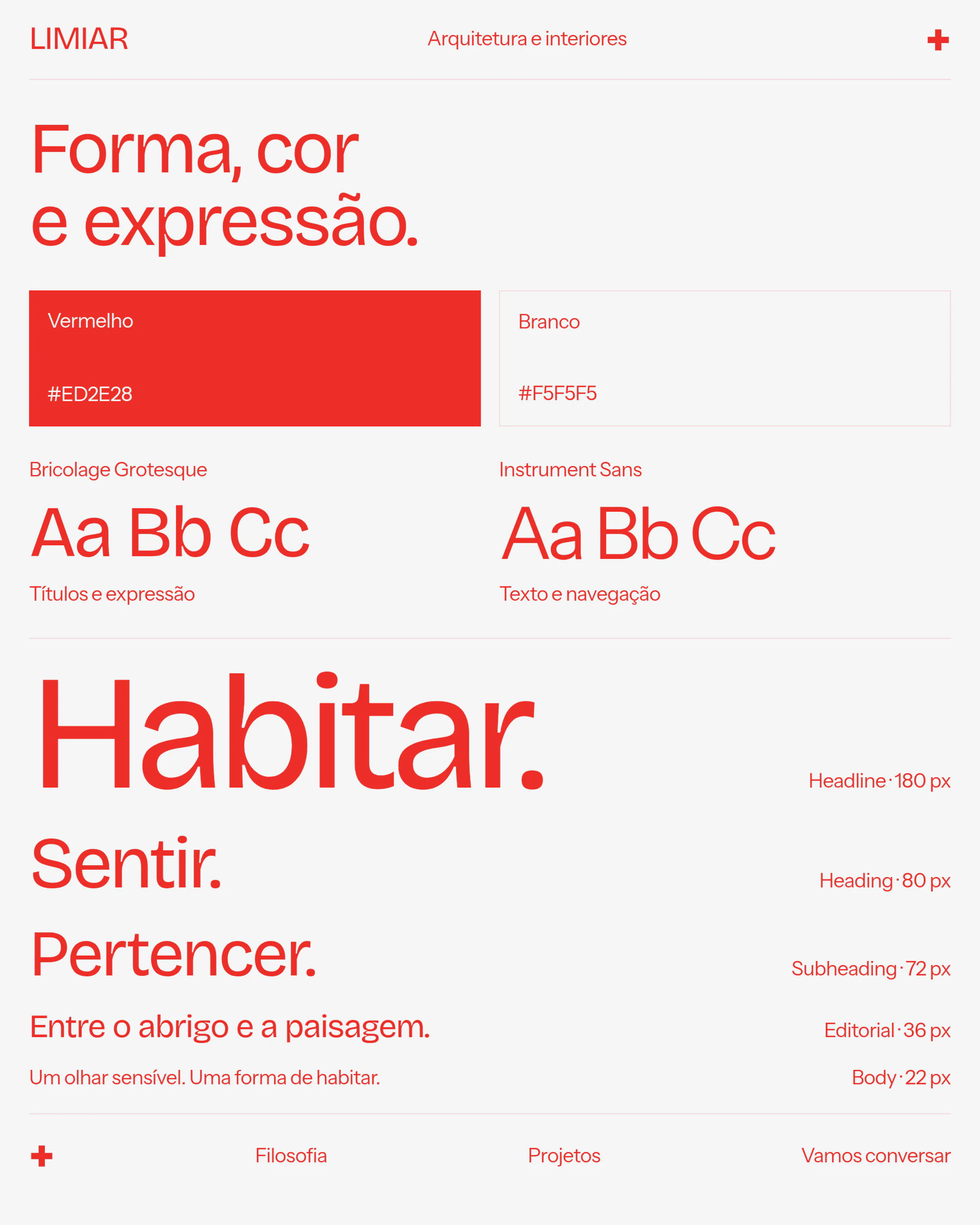 Paleta vermelha e branca do Limiar e tipografias Bricolage Grotesque e Instrument Sans.