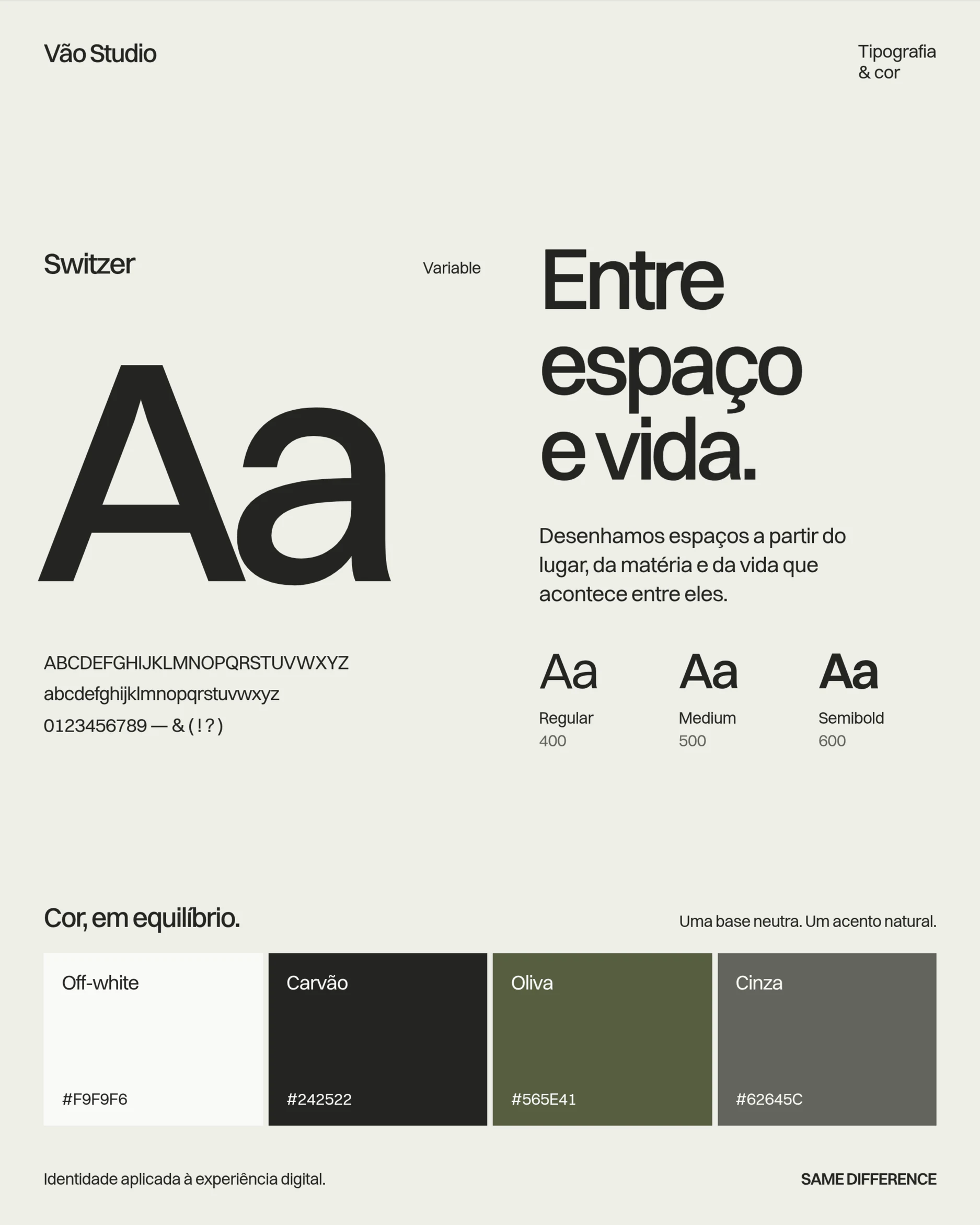 Prancha da linguagem visual do VÃO Studio, com a tipografia Switzer e a paleta de cores.