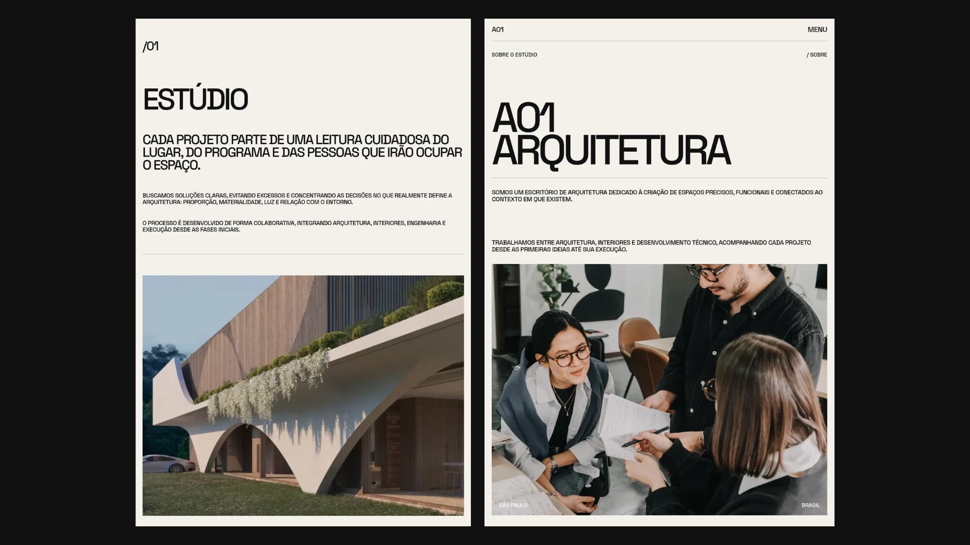 Duas telas da seção Estúdio do site A01 Arquitetura, com fotografias de arquitetura e de pessoas analisando um projeto.