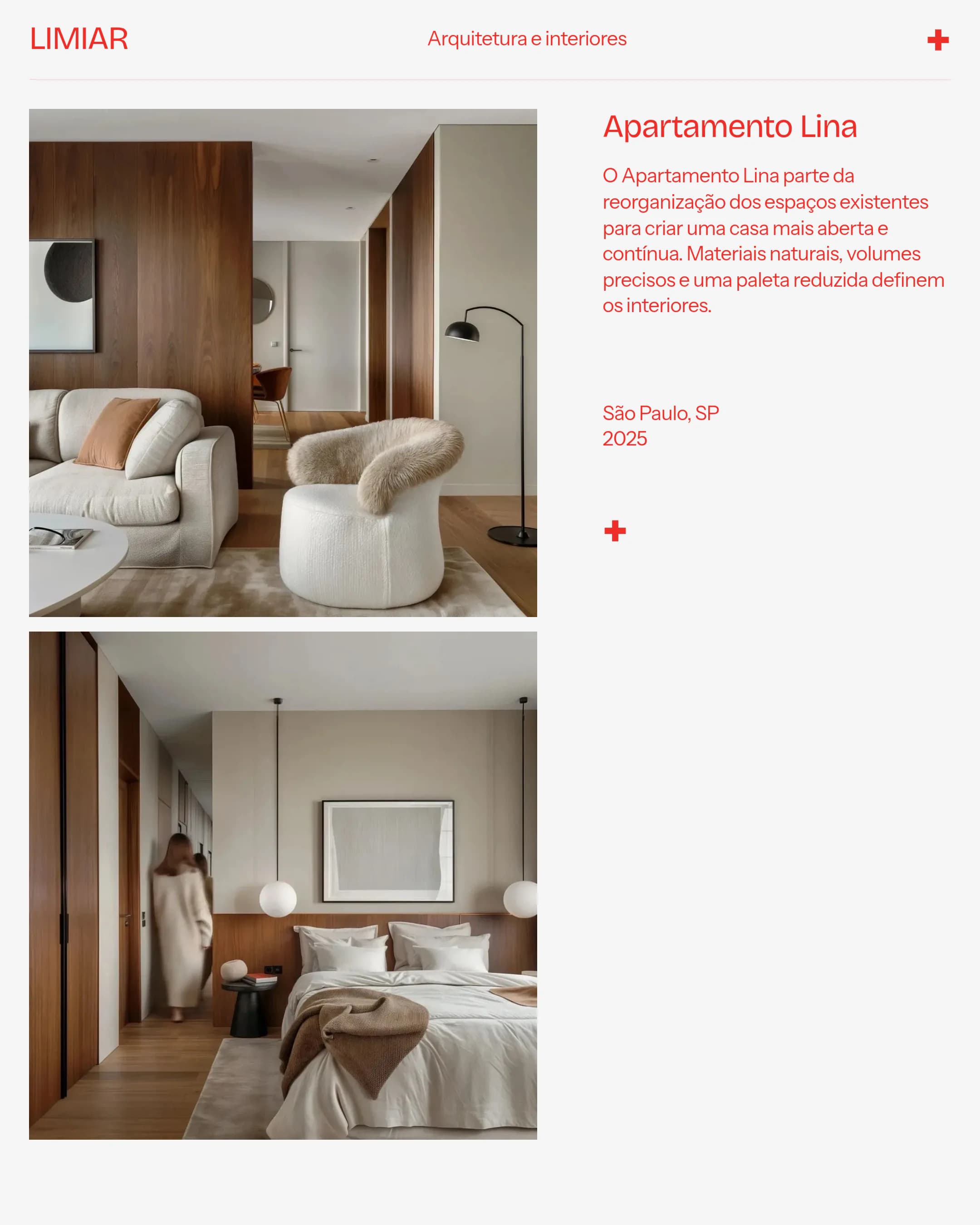 Página do Apartamento Lina com fotografias dos interiores e descrição do projeto.